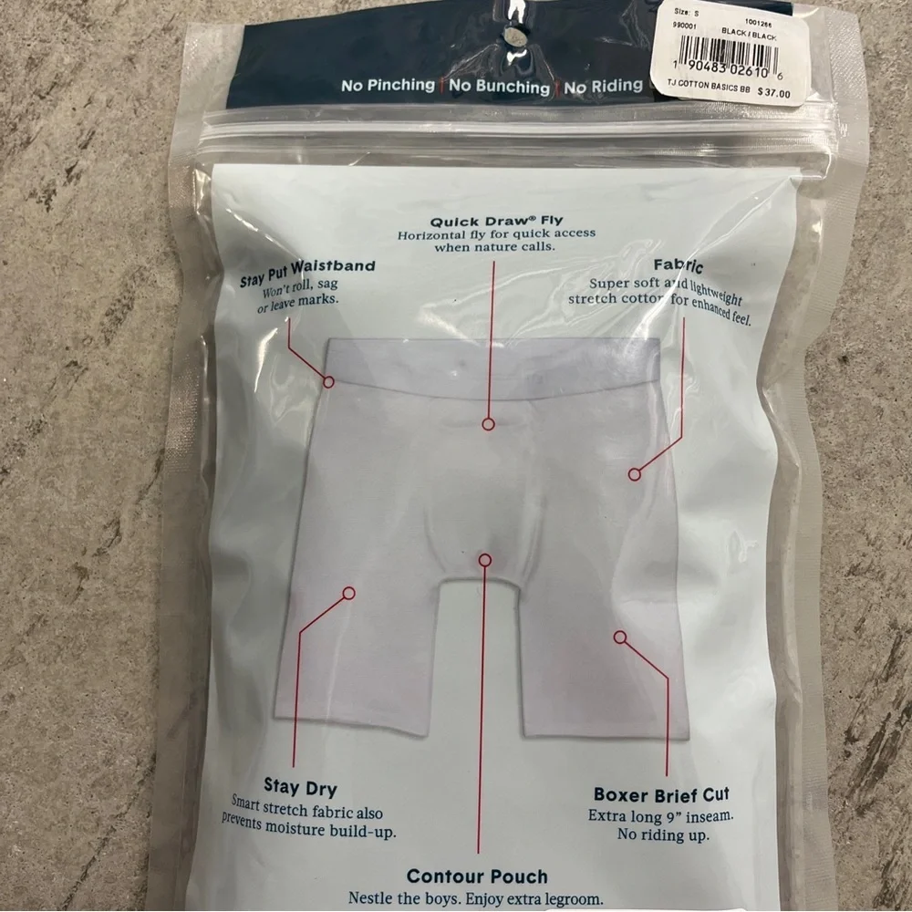 Tommy John 2 Pack Cotton Basics Boxer Briefs S Black Stretch 2012CB 9” inseam